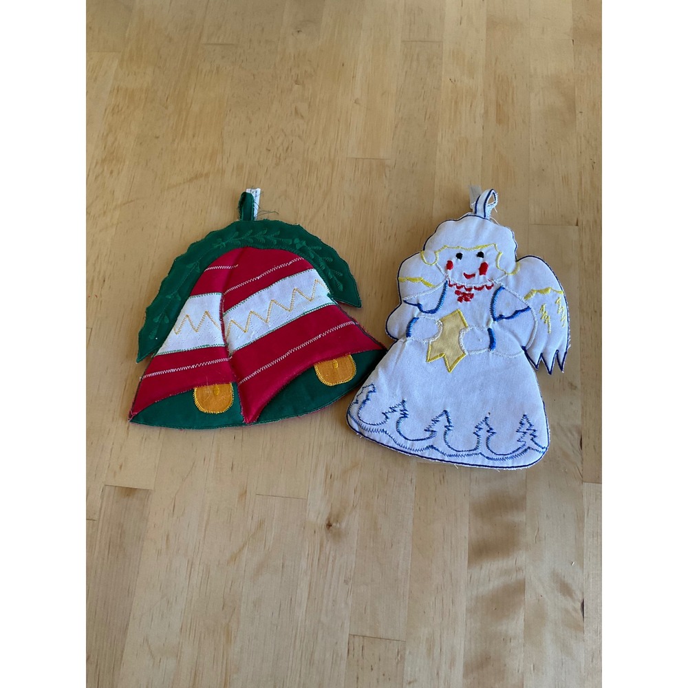 Vintage Christmas Potholder Set Angel and Bells Embroidered Cotton RN 67692